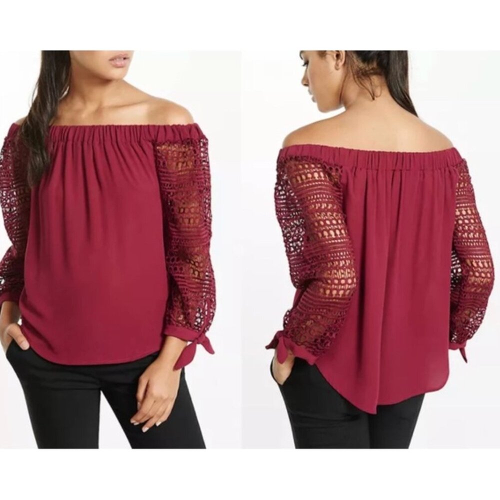 Express Wine Off The Shoulder Lace Tie Sleeves Blouse Top Shirt Tunic Size M L